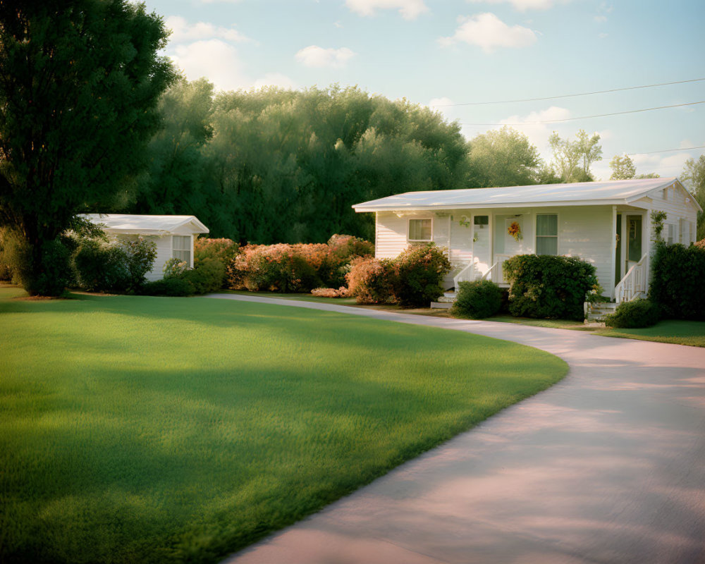 Suburban Home with Manicured Lawn and Driveway in Golden Sunlight