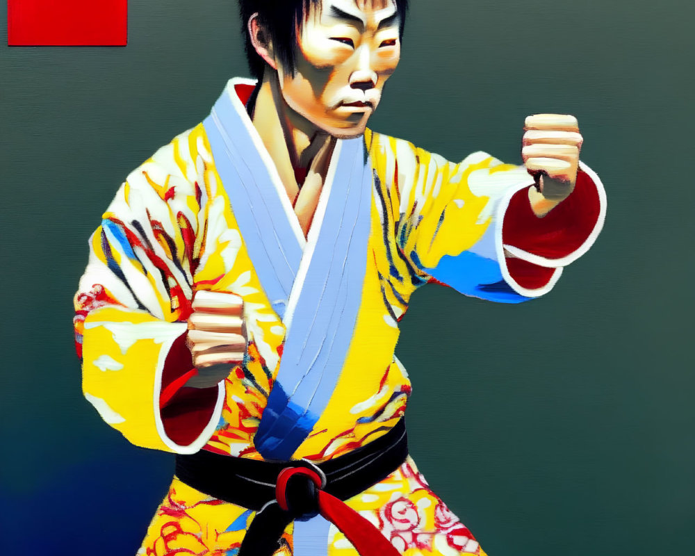 Martial Arts Practitioner in Yellow and Blue Uniform with Red and Black Belt