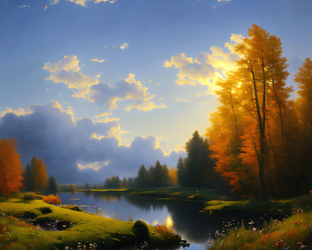 Tranquil autumn landscape with golden trees, calm lake, and sunset sky