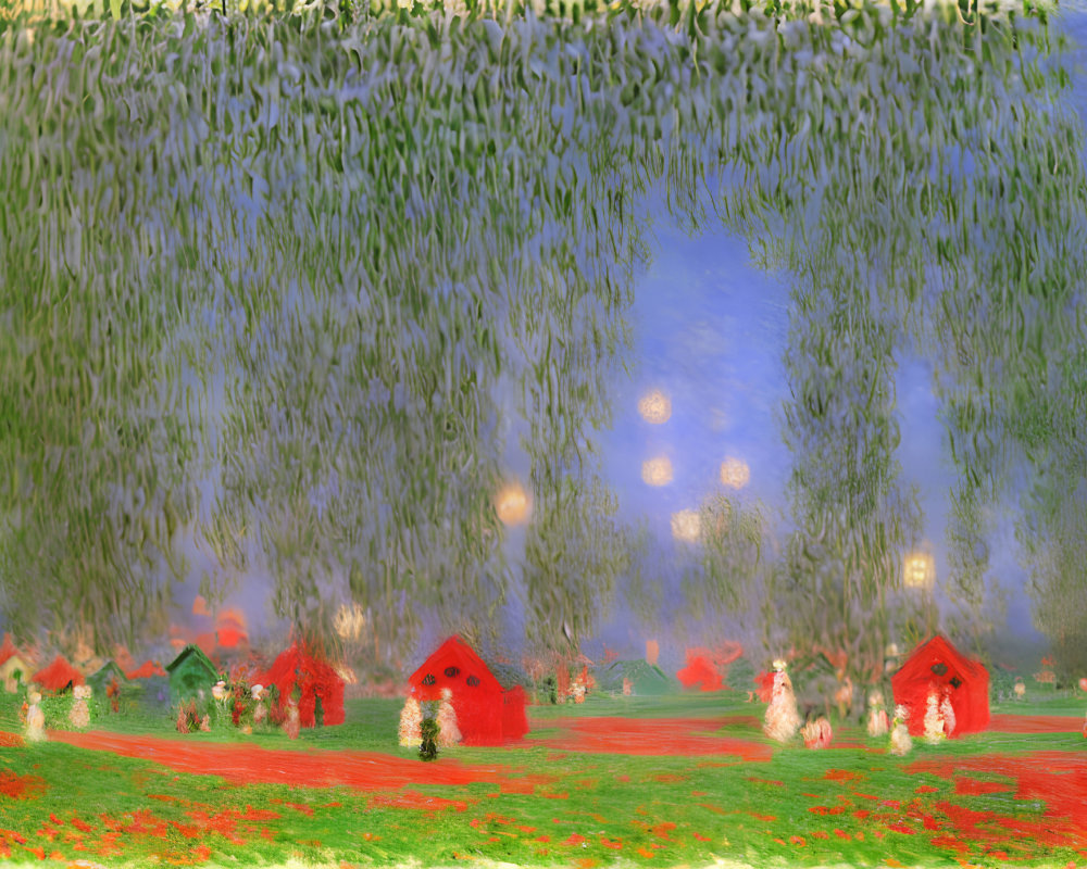 Impressionist-style red flower field with moon and houses