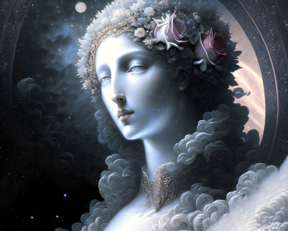 Celestial portrait merging woman's face with starry sky and moon.