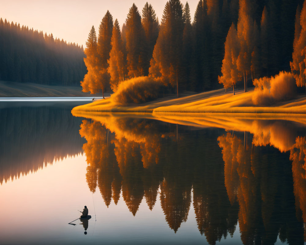 Tranquil autumn lake with lone fisherman and golden foliage