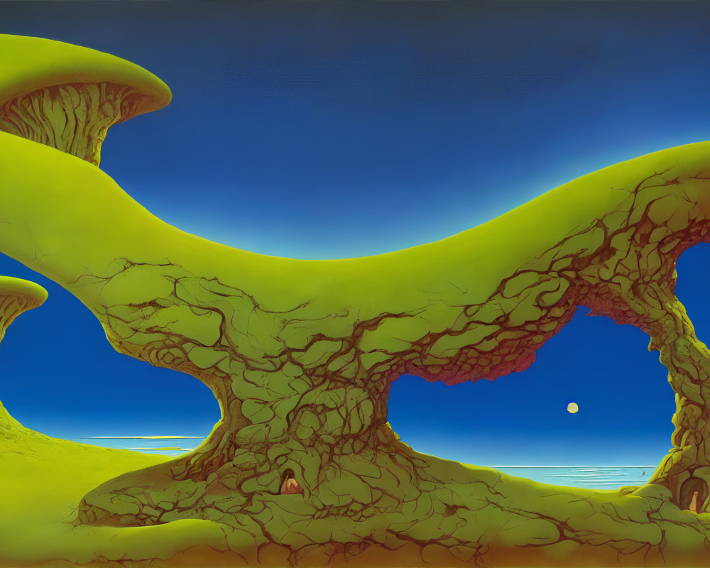 Surreal landscape with tree-like structures and red veins under yellow sky