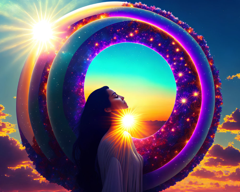 Woman gazing at surreal spiral galaxy portal in vibrant sunset sky