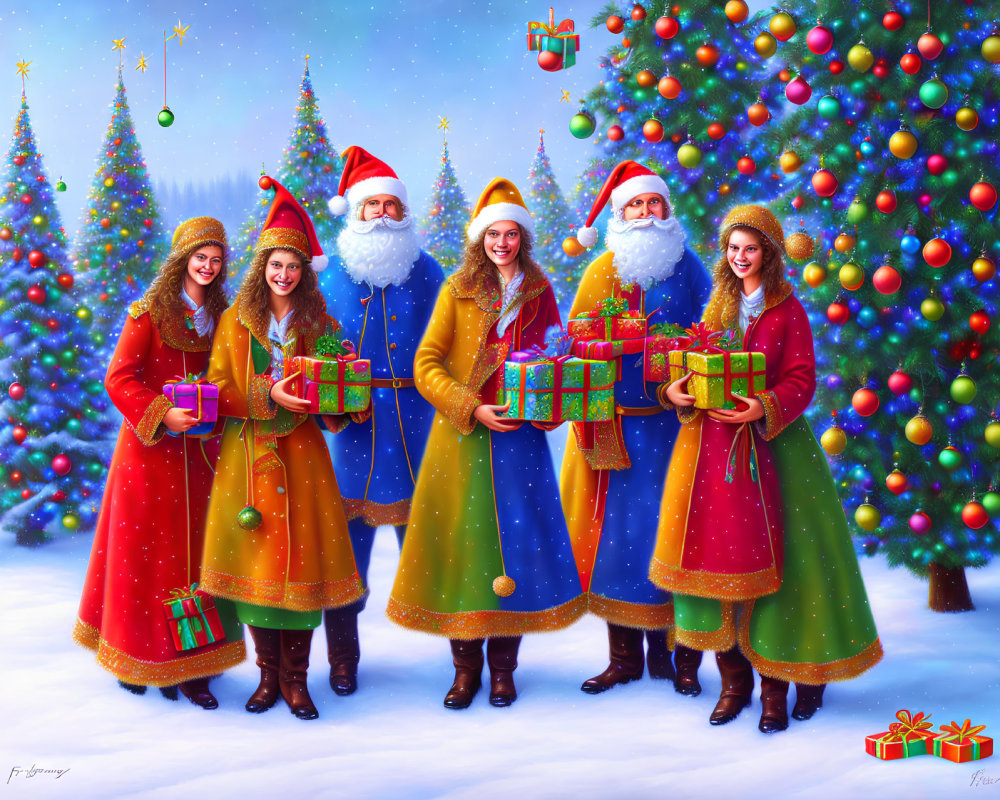 Group of Festively Dressed People with Santa Clauses and Christmas Trees