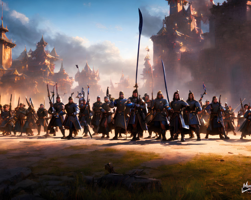 Medieval fantasy army with soldiers and castles in digital artwork