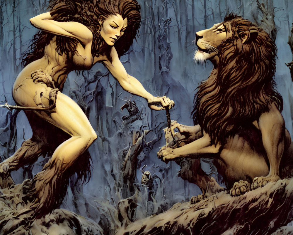 Woman with lion features interacting with large lion in mystical forest.