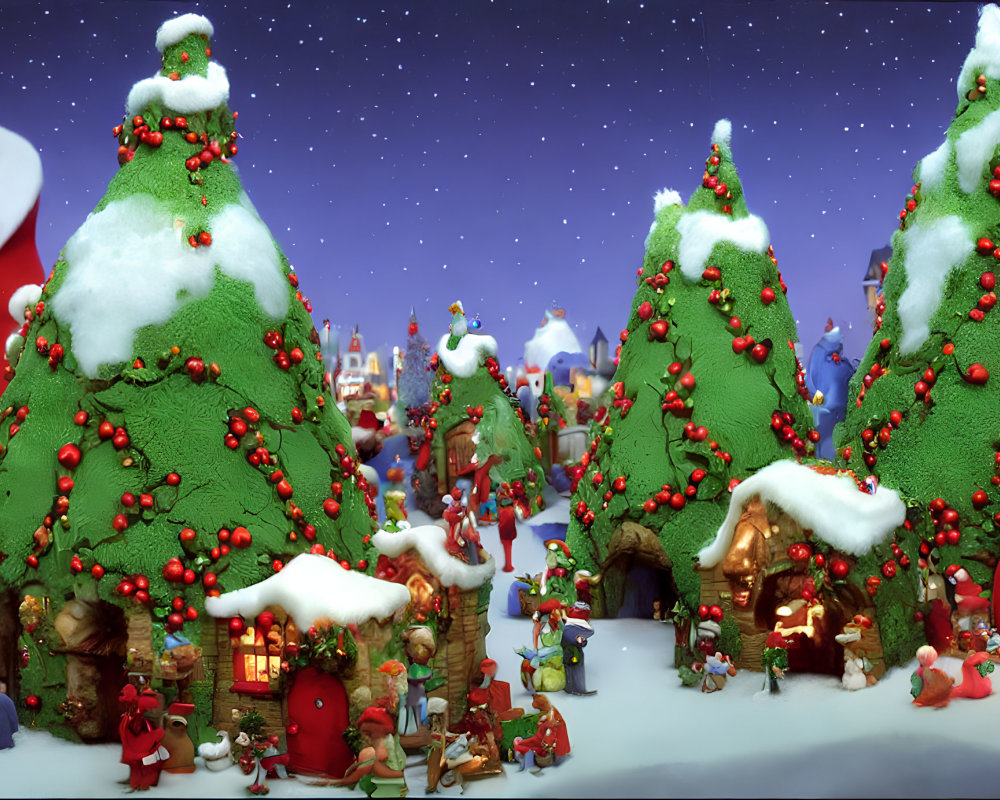 Festive Christmas village with snow-capped houses and decorated trees