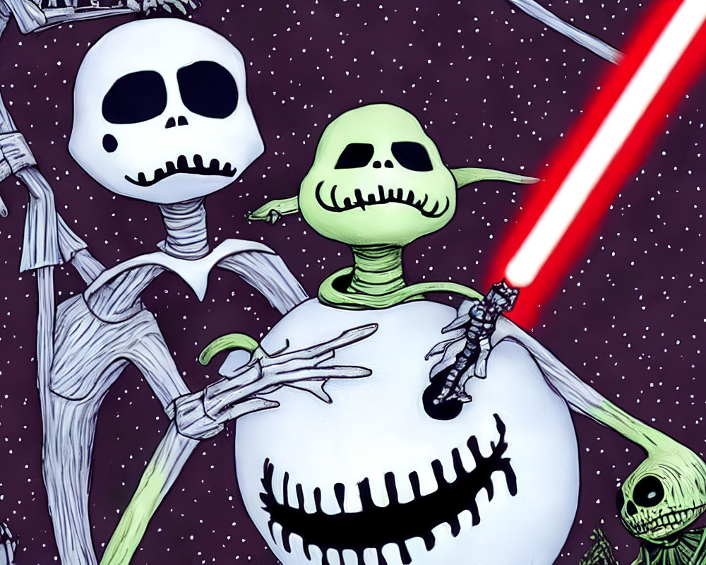 Stylized Skeletons with Red Lightsaber in Starry Background