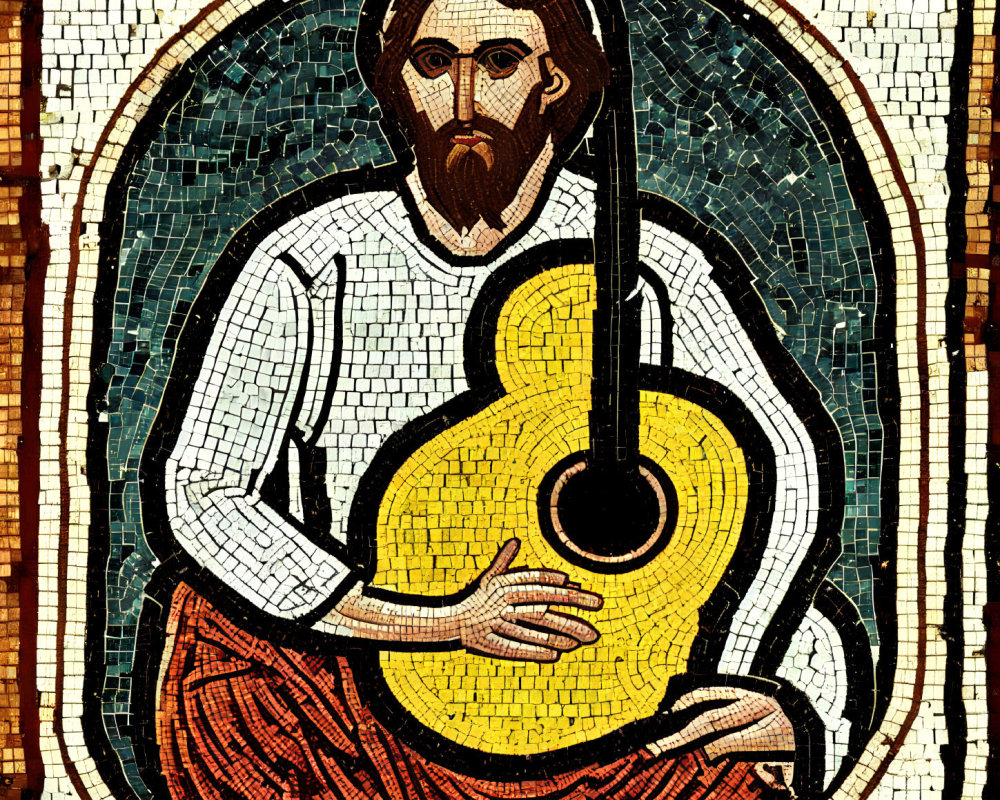 Bearded person playing yellow stringed instrument on patterned background