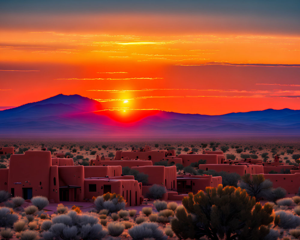 Colorful desert sunset with silhouetted mountains, adobe houses, and dramatic sky.