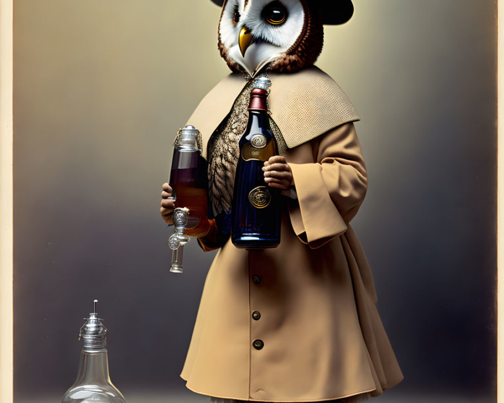 Anthropomorphized owl in coat and top hat with wine glass and bottle, smaller owl in