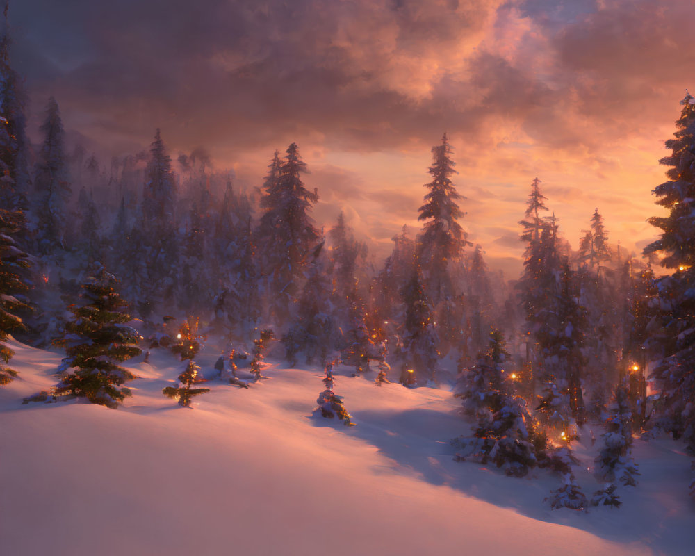 Snowy Forest at Dusk: Golden Light Filtering Through Trees