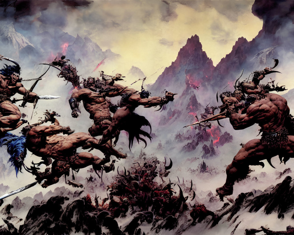 Muscular warriors on horseback charging through mountainous landscape