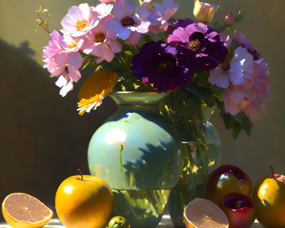 Vibrant still life painting: pink and purple flowers, fruits, warm light, shadows