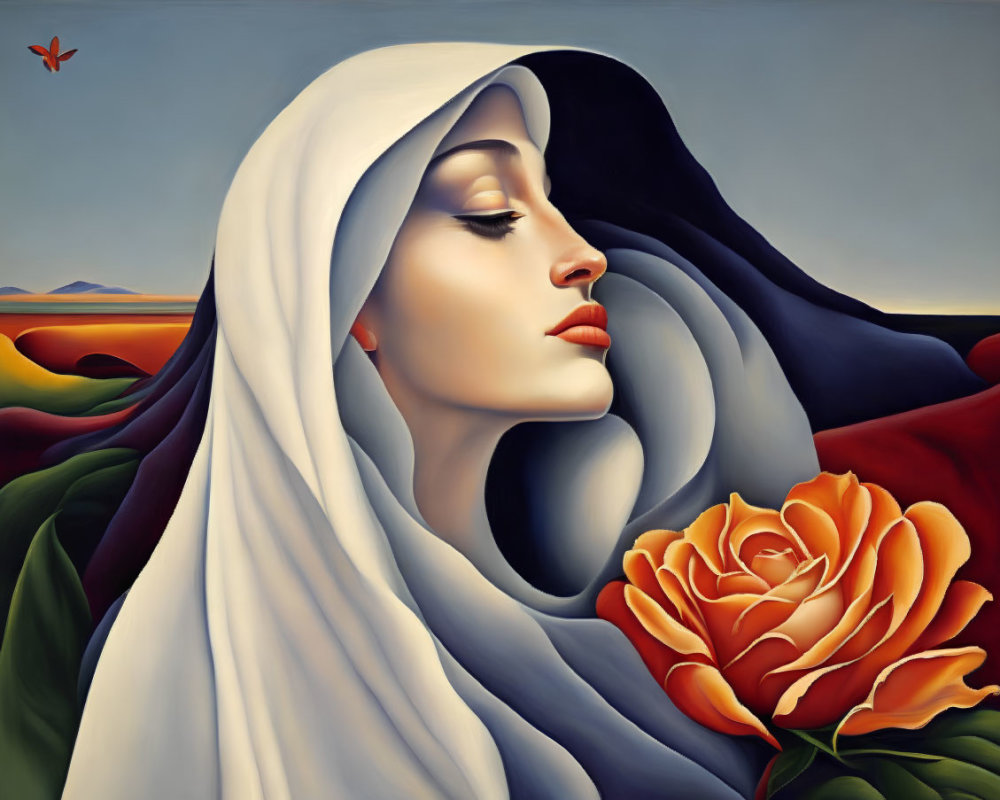 Stylized painting of woman with white headscarf and orange rose in desert landscape.