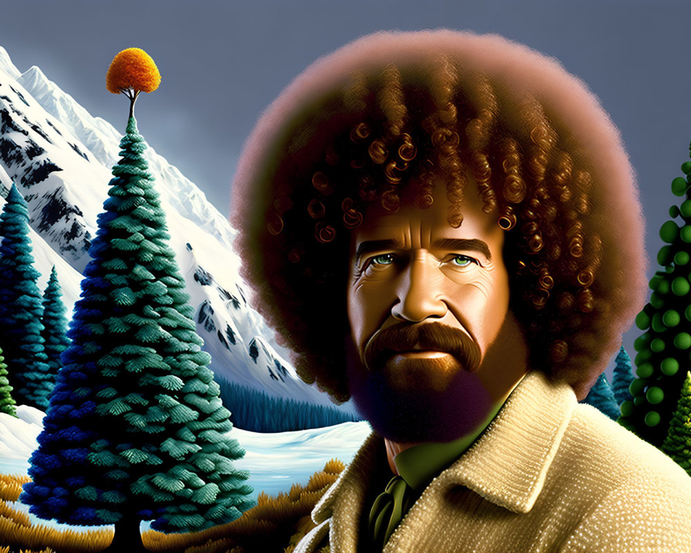 Man with Afro in Snowy Mountain Landscape with Trees