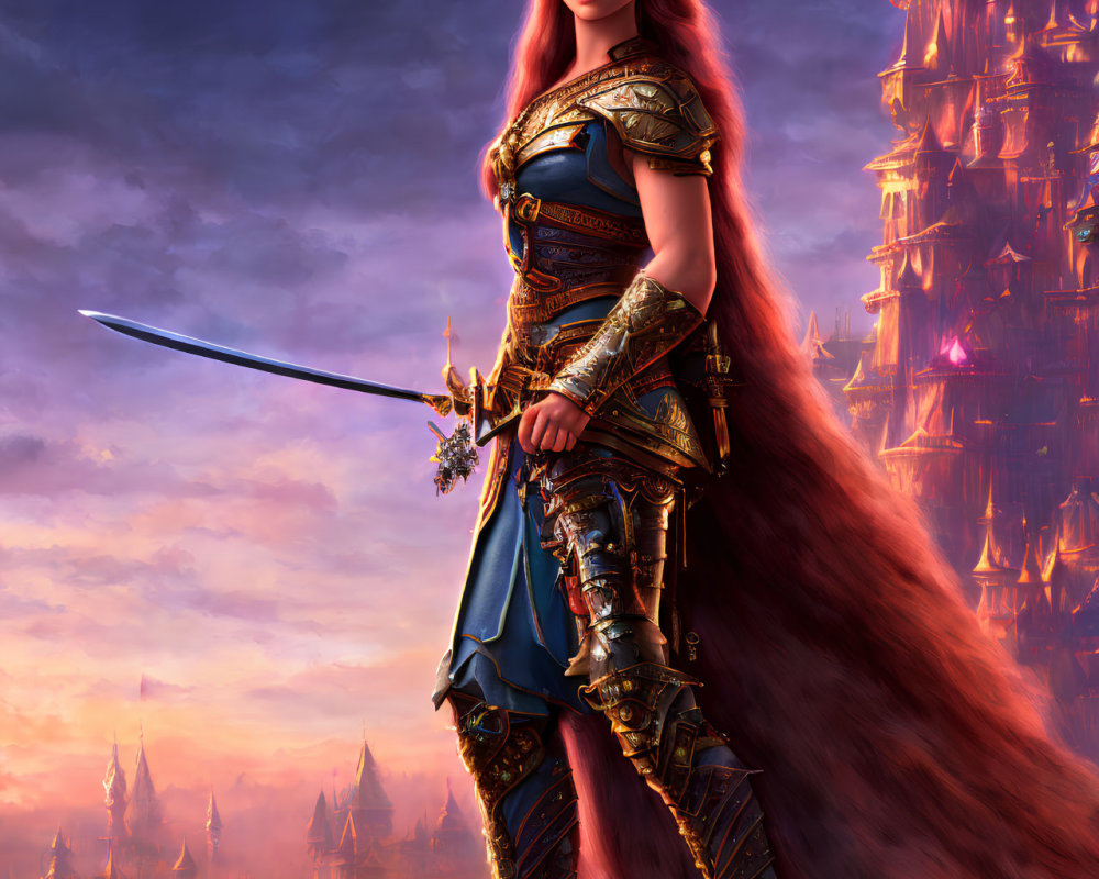 Female warrior in blue and gold armor with red hair at twilight