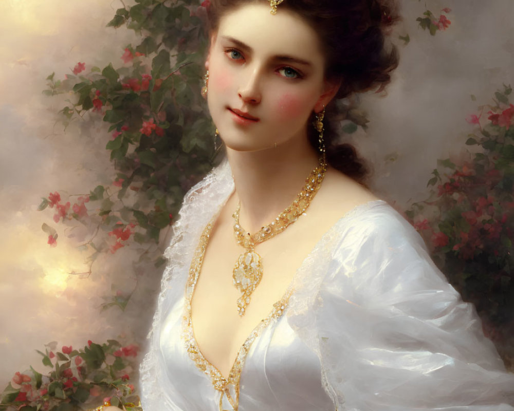 Elegant woman with dark hair in gold jewelry among blooming flowers