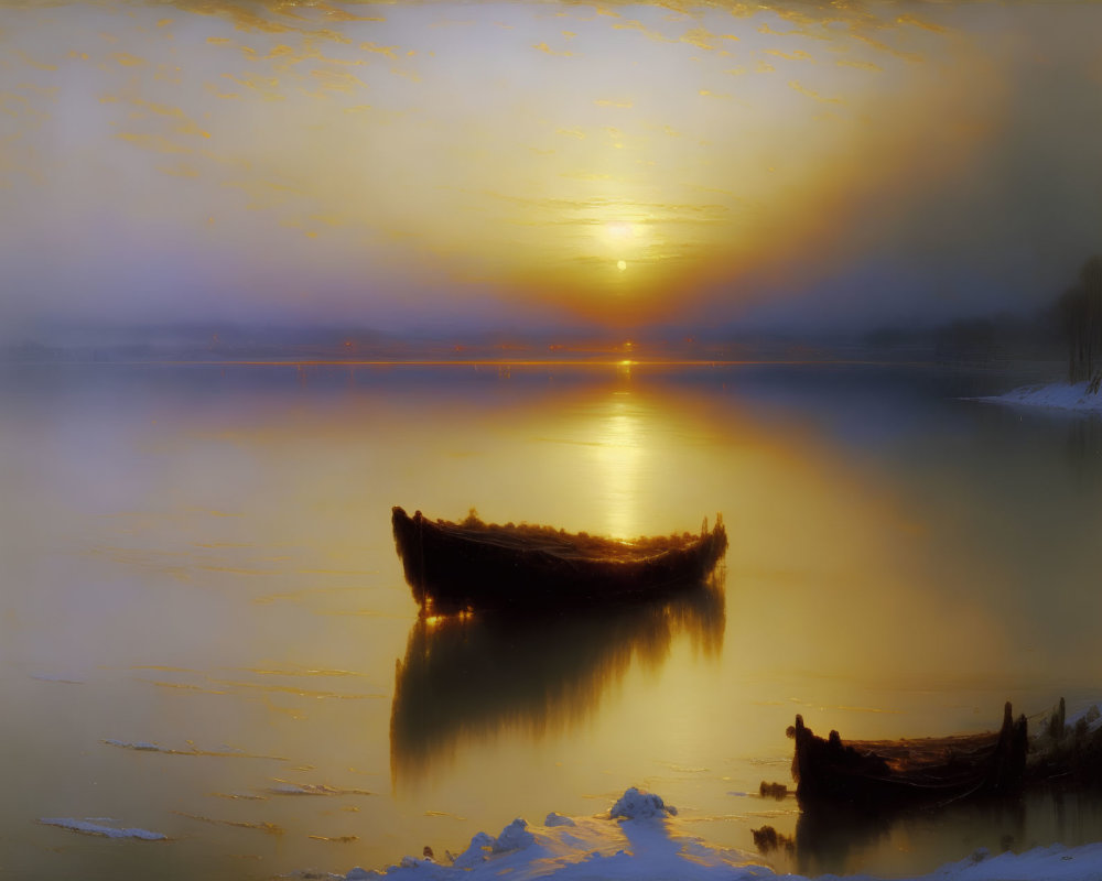 Tranquil sunrise scene with glowing sun, calm river, wooden boat, snowy banks