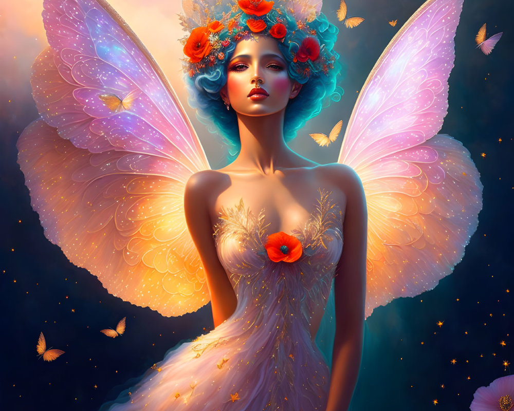 Mystical woman with butterfly wings and floral gown among serene butterflies