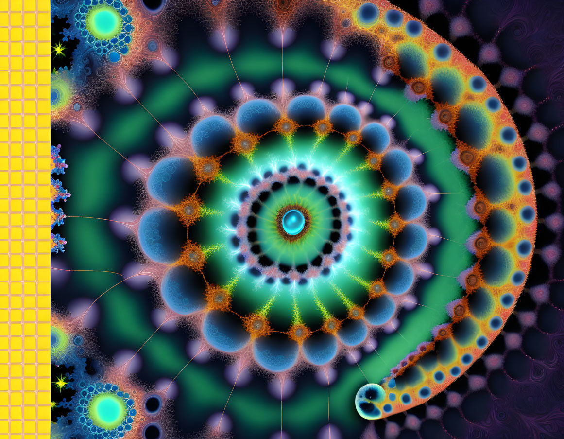 Colorful Spiral Fractal Art with Mandala Patterns in Blue and Green