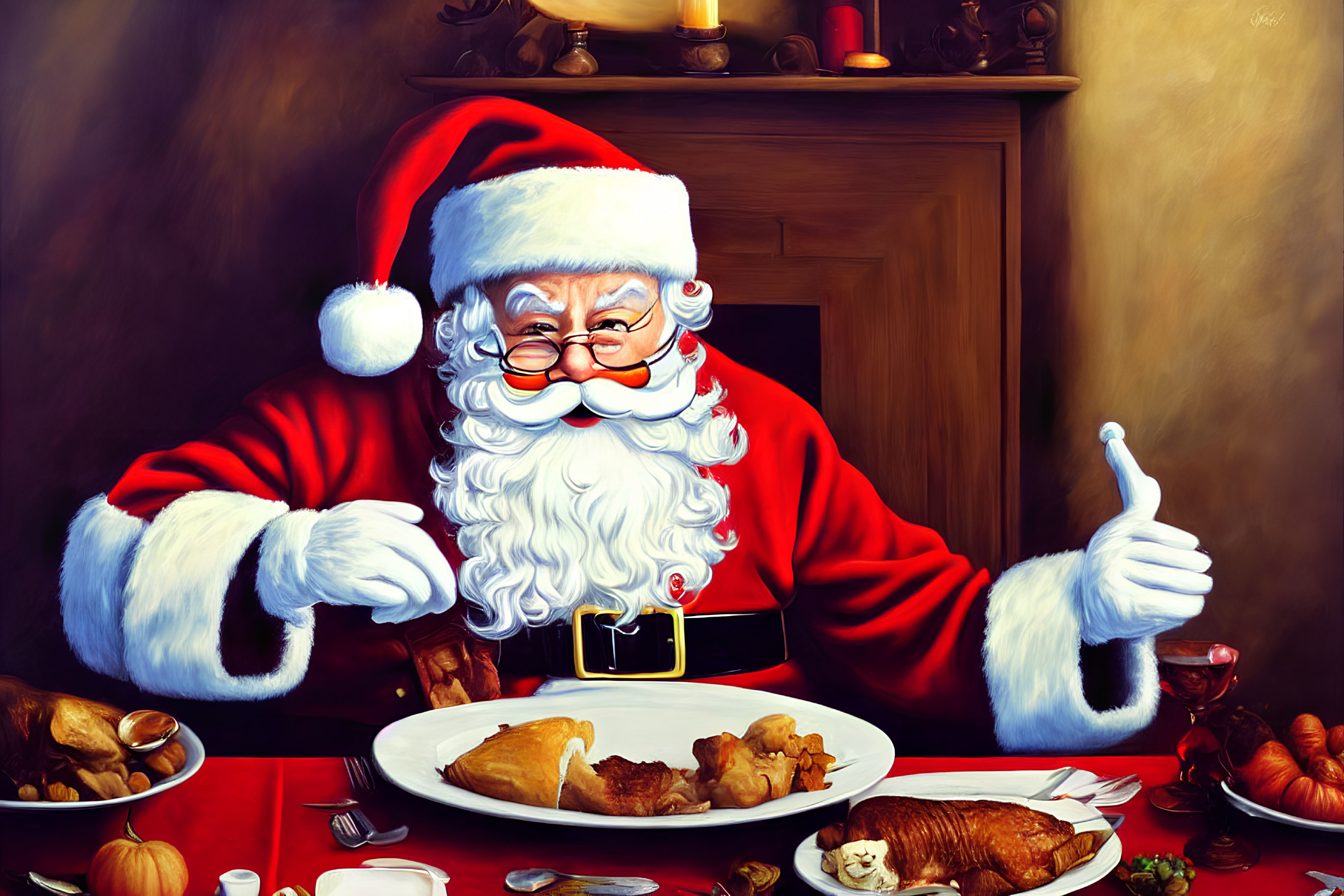 Santa Claus Thumbs-Up at Festive Table with Roasted Turkey