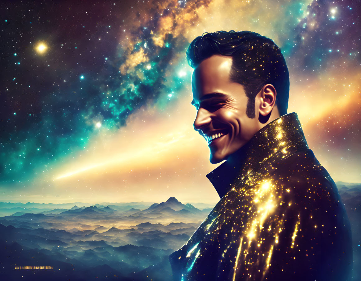 Smiling man blended with cosmic background and mountains