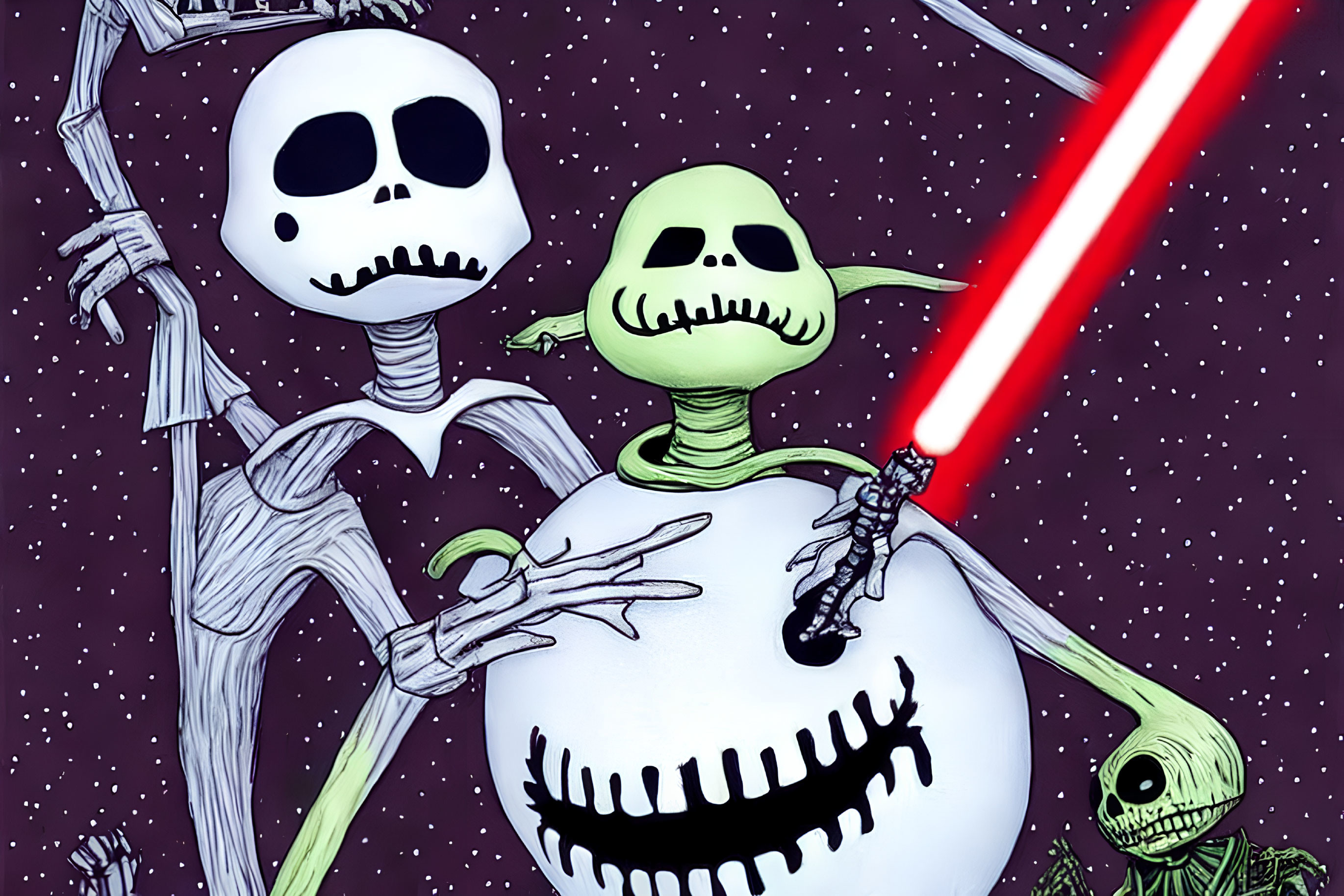 Stylized Skeletons with Red Lightsaber in Starry Background