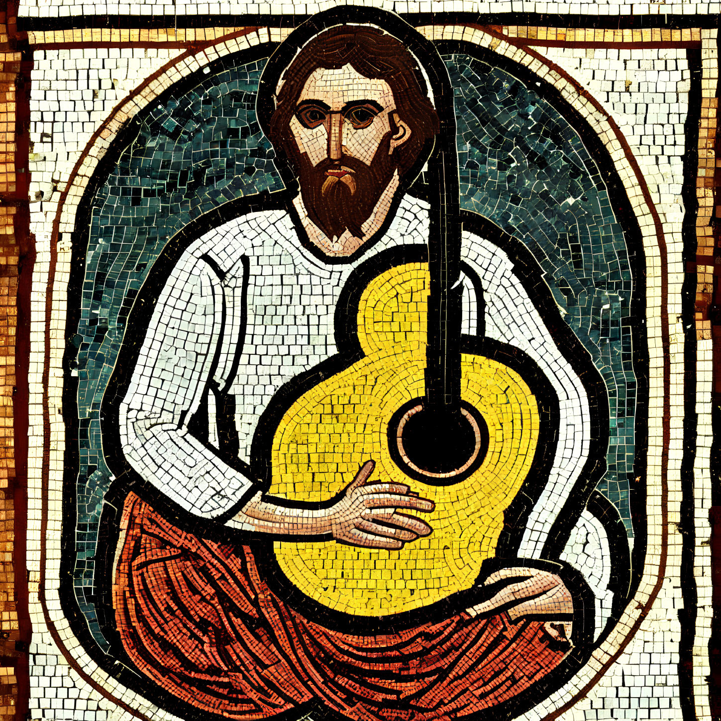 Bearded person playing yellow stringed instrument on patterned background