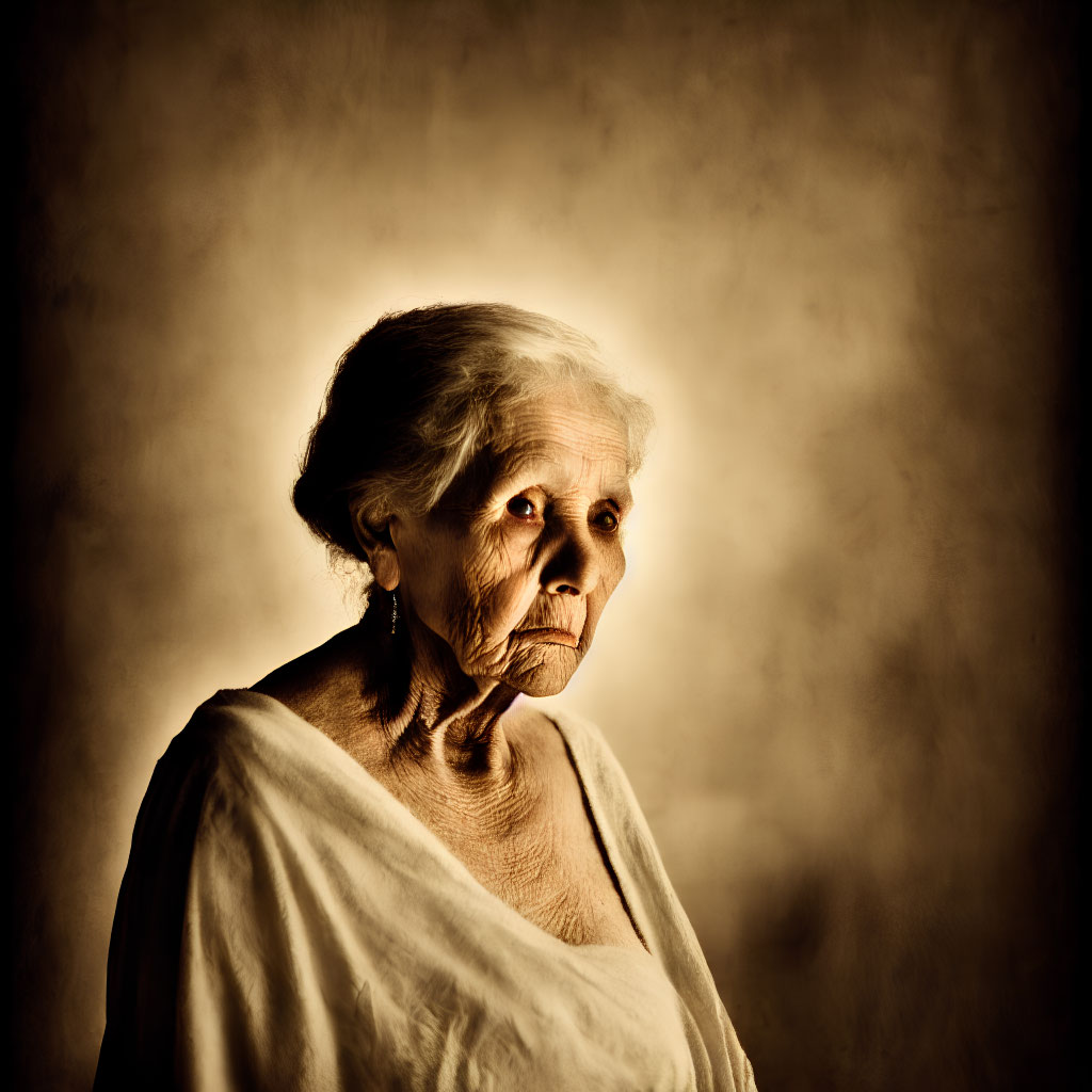 Elderly woman with white hair in somber expression against warm background