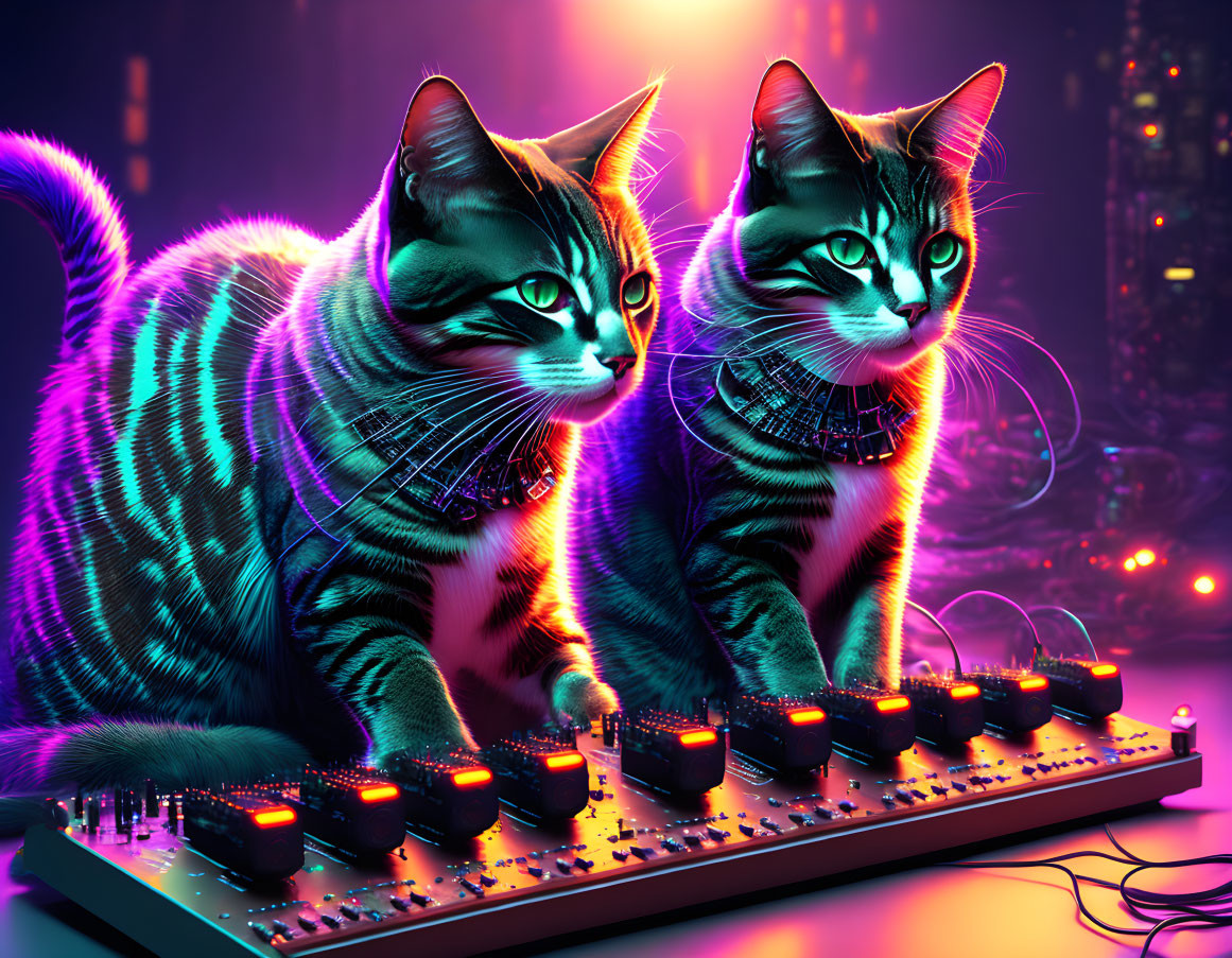 Neon-lit stylized cats DJing against futuristic cityscape