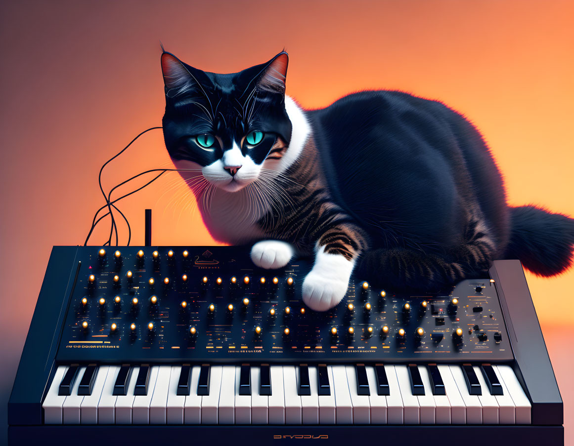 Black and white cat with green eyes on synthesizer against orange background