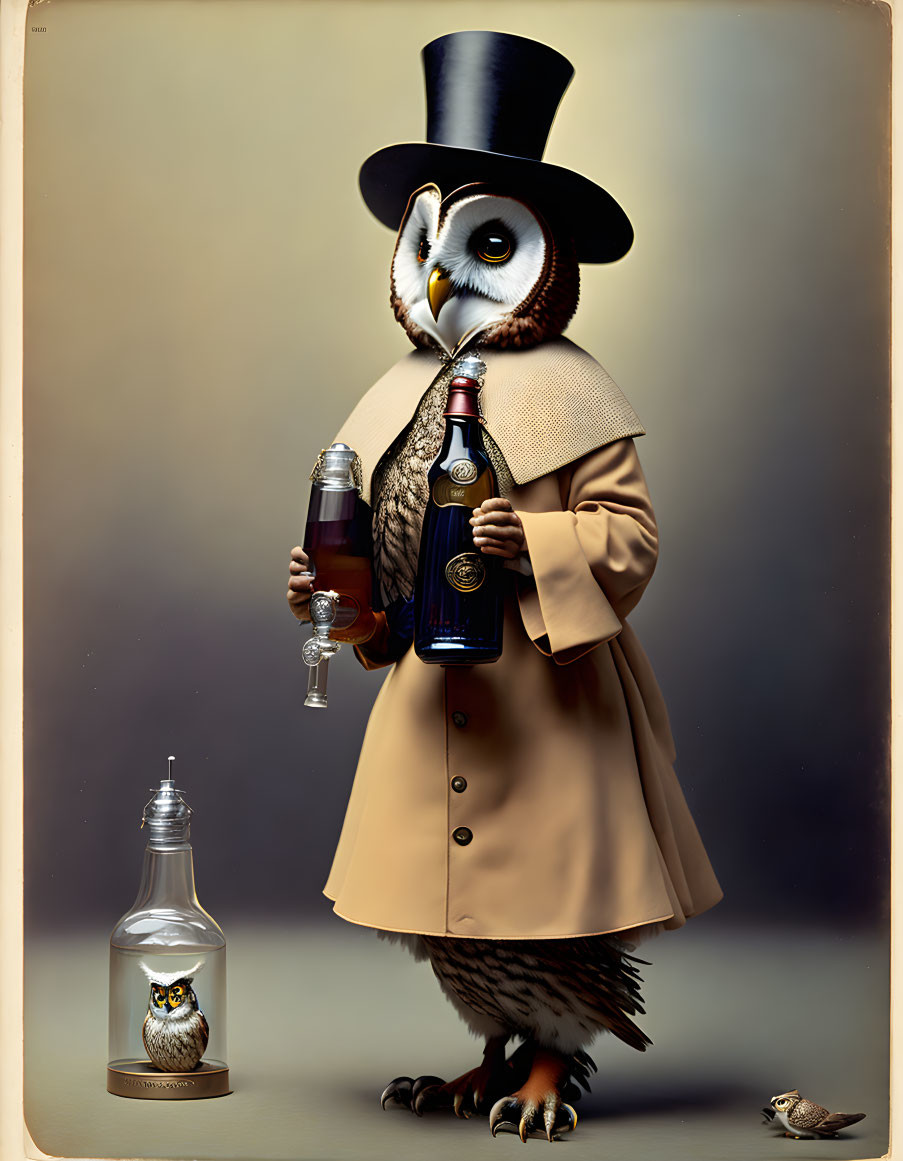 Anthropomorphized owl in coat and top hat with wine glass and bottle, smaller owl in