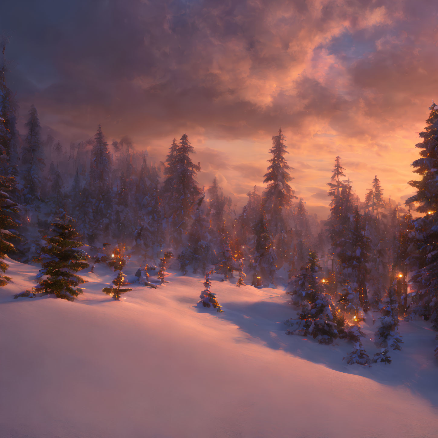 Snowy Forest at Dusk: Golden Light Filtering Through Trees