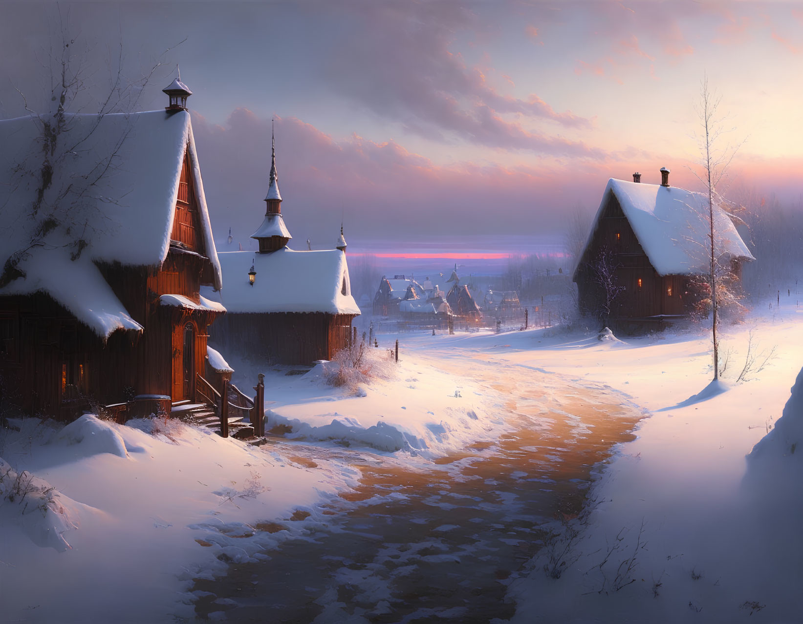 Traditional village with snow, church, and sunset sky