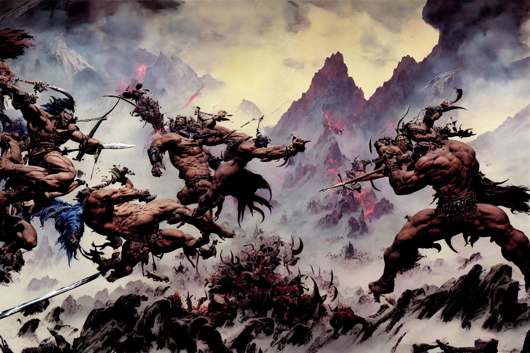 Muscular warriors on horseback charging through mountainous landscape