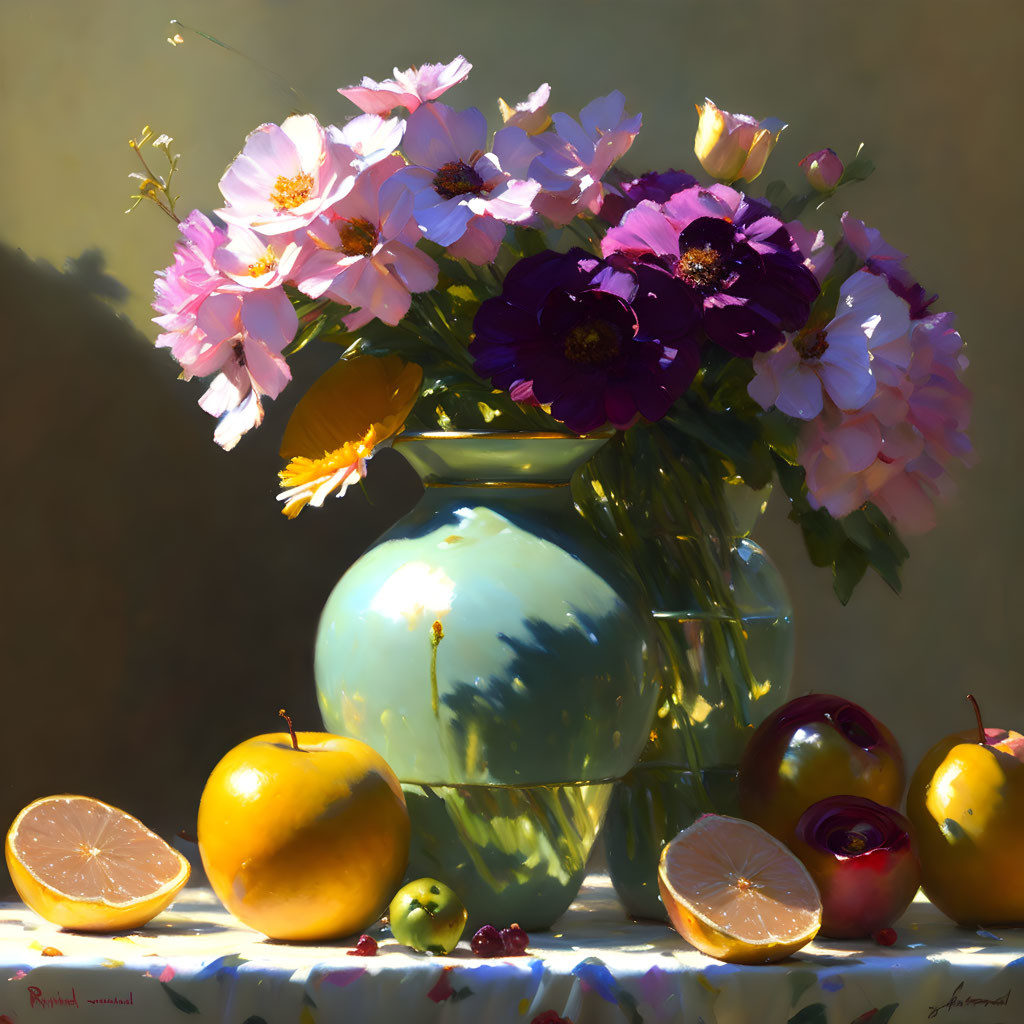 Vibrant still life painting: pink and purple flowers, fruits, warm light, shadows