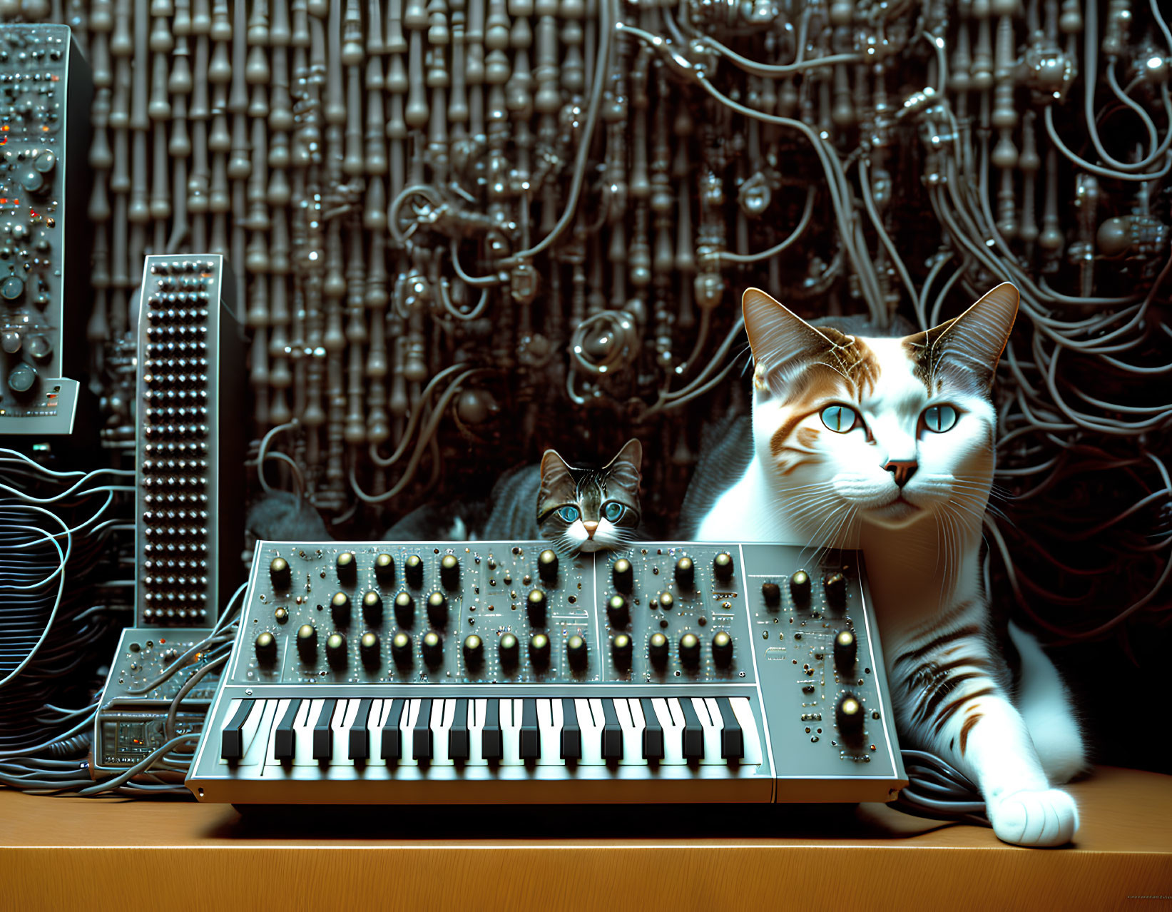 Two cats sit behind a synthesizer amidst electronic circuitry.