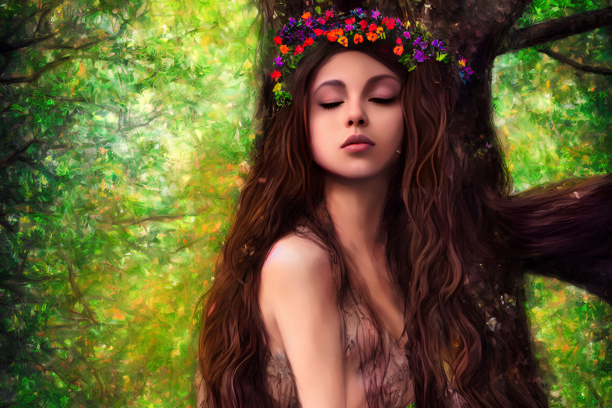 Young woman with floral crown and brown hair leaning against tree in vibrant setting