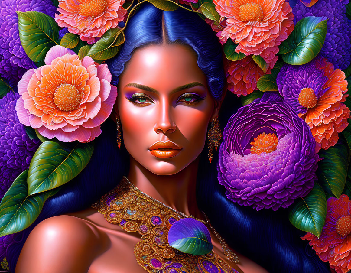 Colorful digital portrait of a woman with blue skin and vibrant flowers, detailed makeup and jewelry