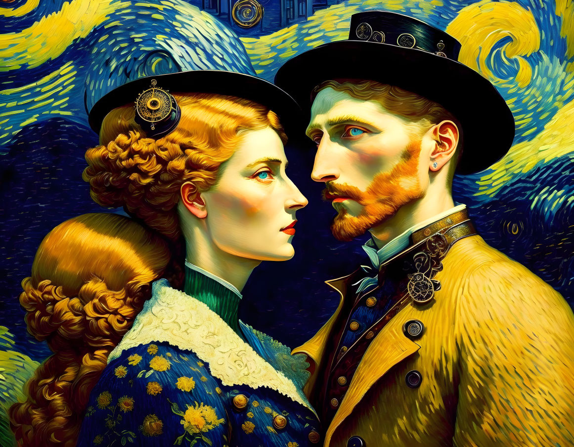 Victorian-era couple portrait with Van Gogh-inspired starry night backdrop