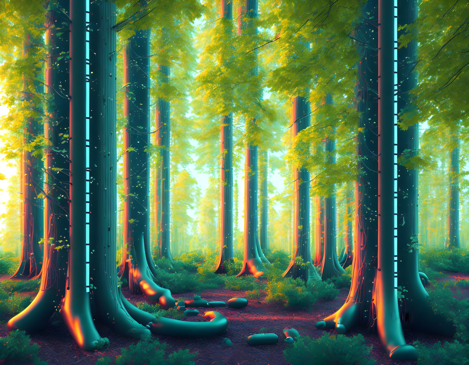 Mystical Neon Forest with Glowing Orbs and Foggy Atmosphere