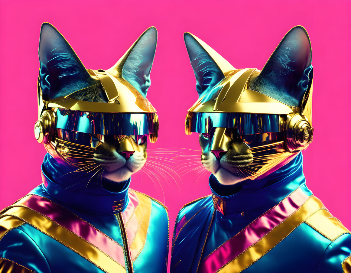 Futuristic cats in gold helmets and outfits on pink background