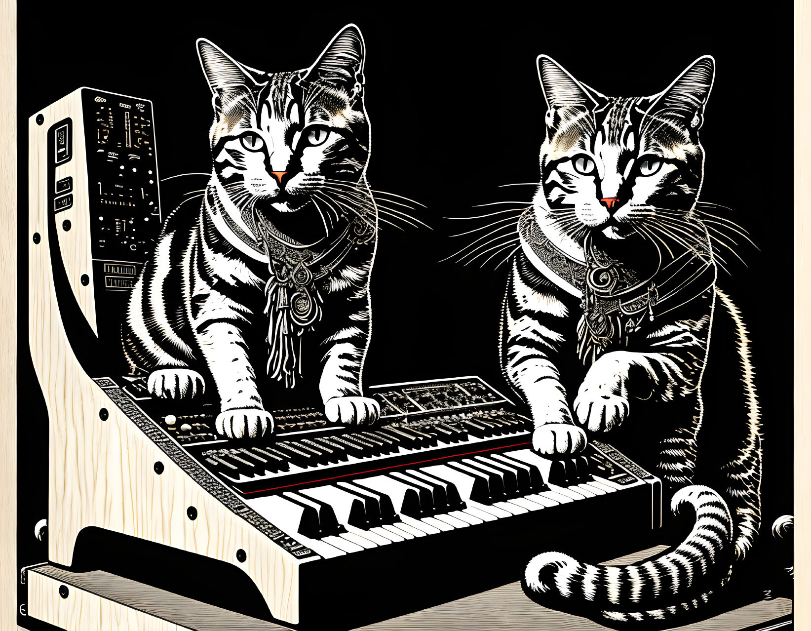 Stylized cats with intricate necklaces at a synthesizer in black and white setting