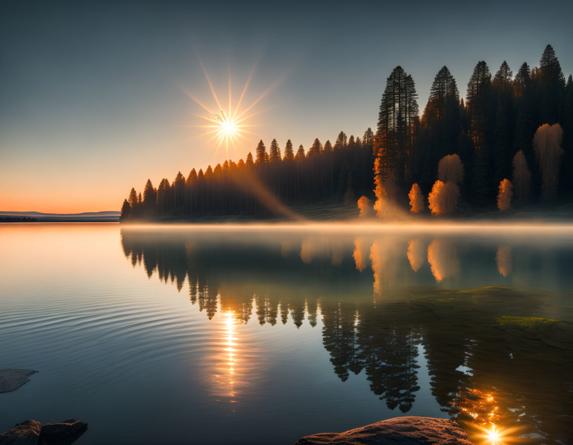 Tranquil Sunrise Scene: Reflective Lake, Forest Silhouette, Starburst Effect