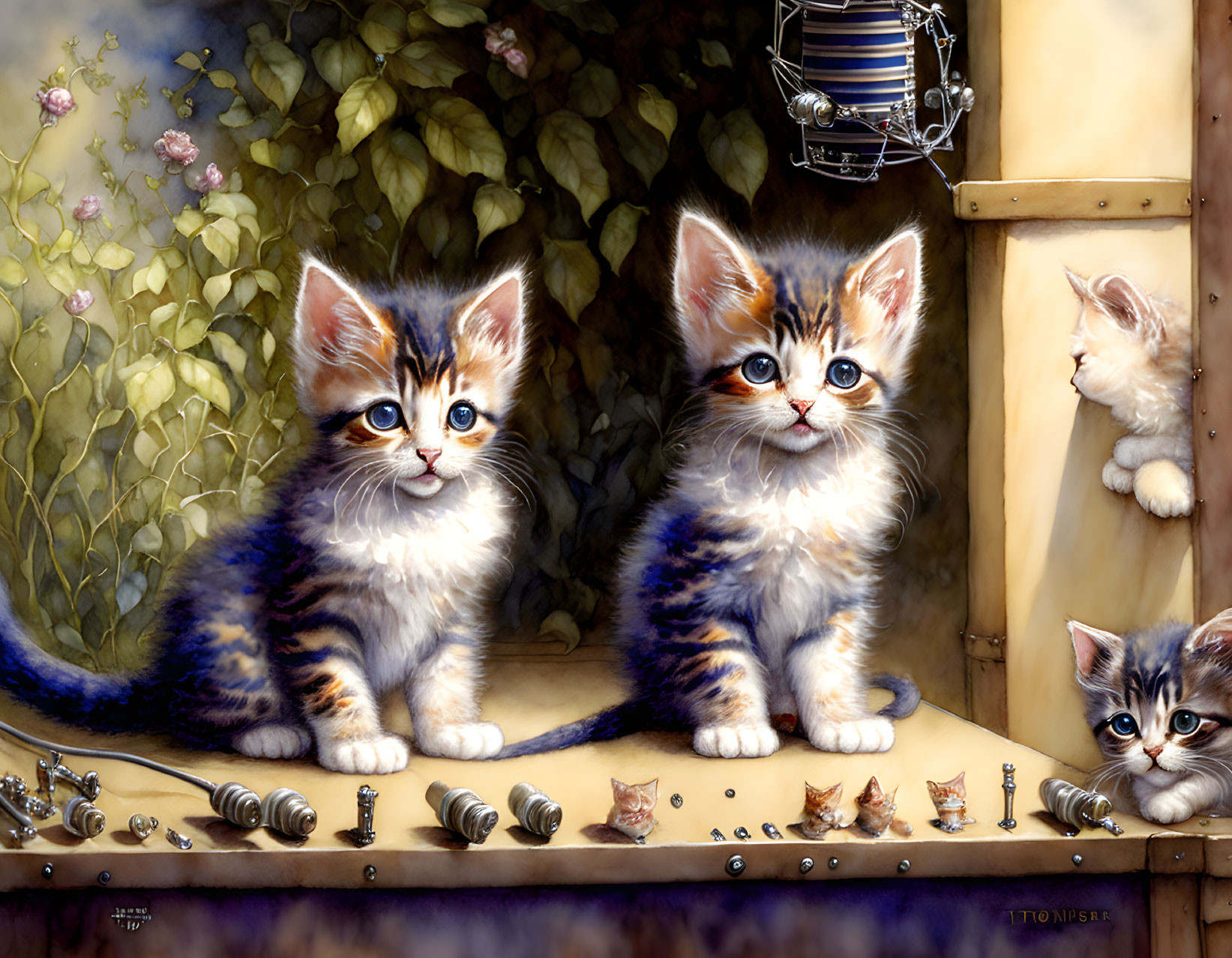 Three Striped Fur Kittens Playing Among Chess Pieces and Blooming Plant