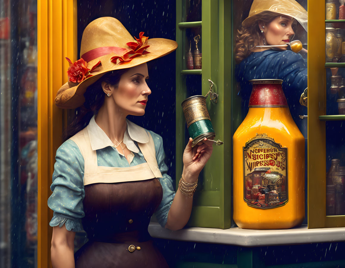 Vintage Woman in Brown Dress and Wide-Brimmed Hat Standing in Front of Store Display