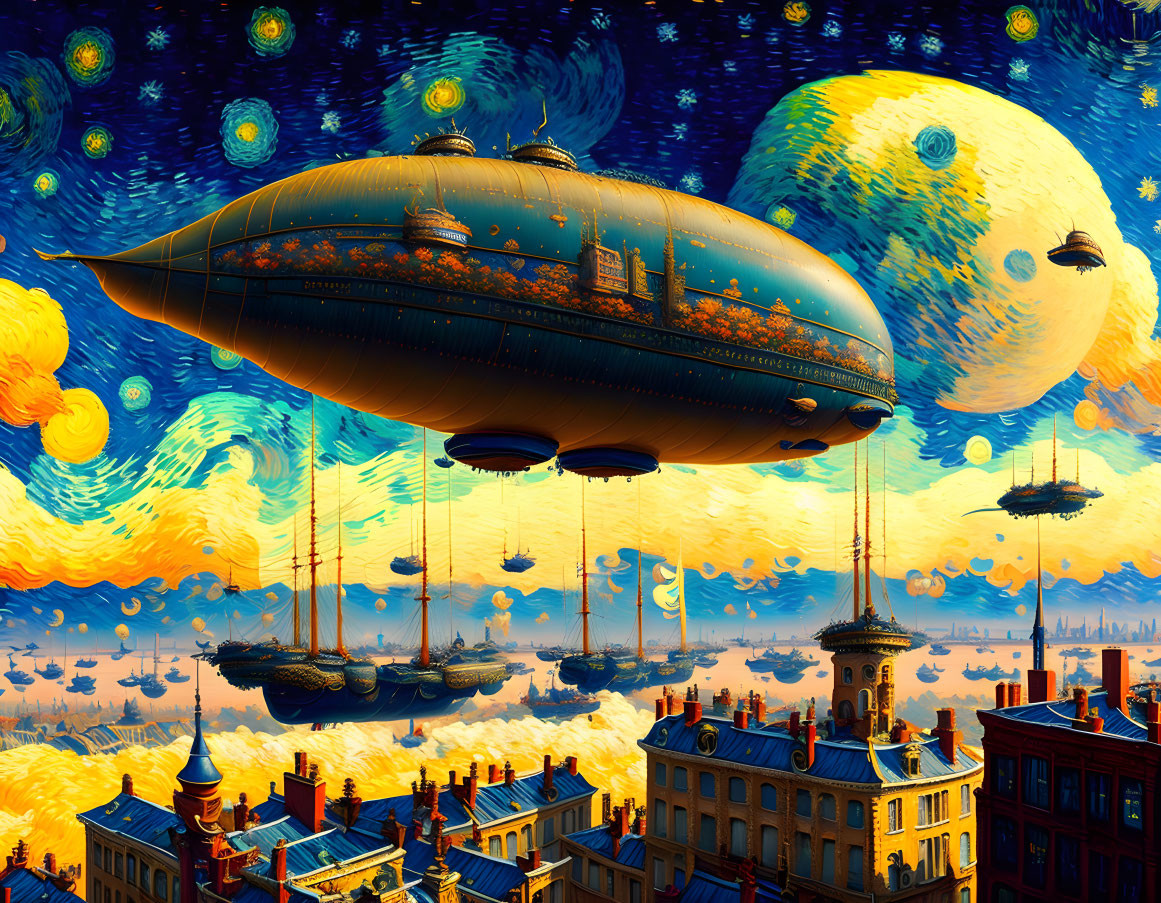 Surreal airship artwork over old cityscape and celestial sky