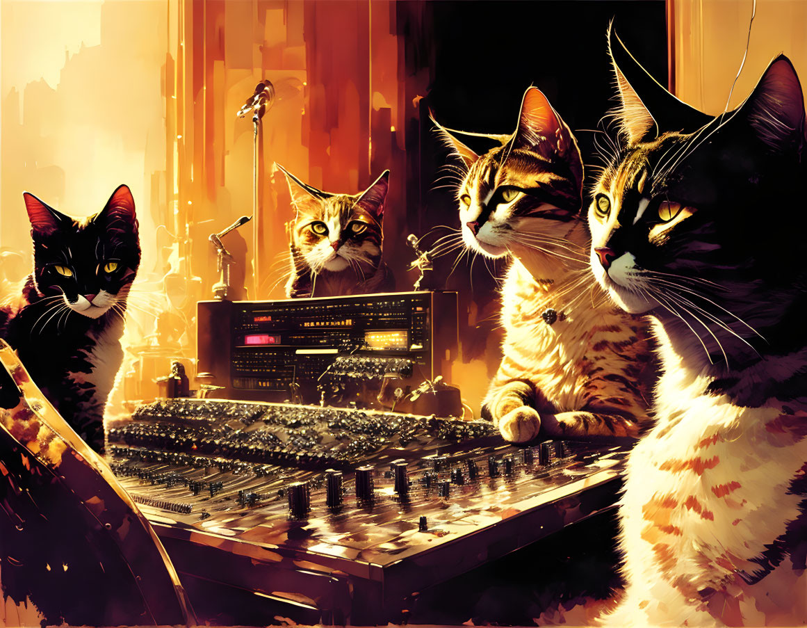 Four animated cats with human-like expressions at mixing console in cityscape sunset.